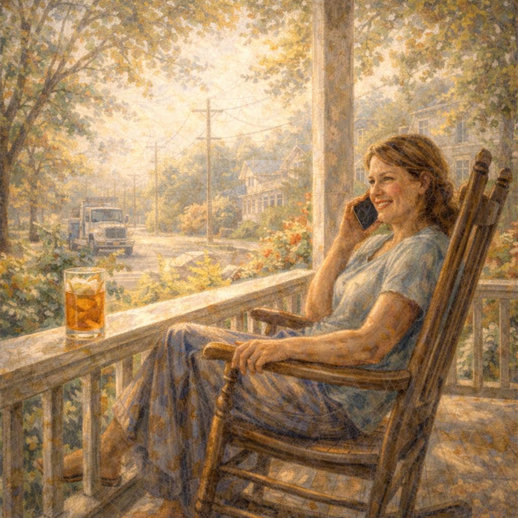 Impressionist painting of a warm, sunlit customer service scene