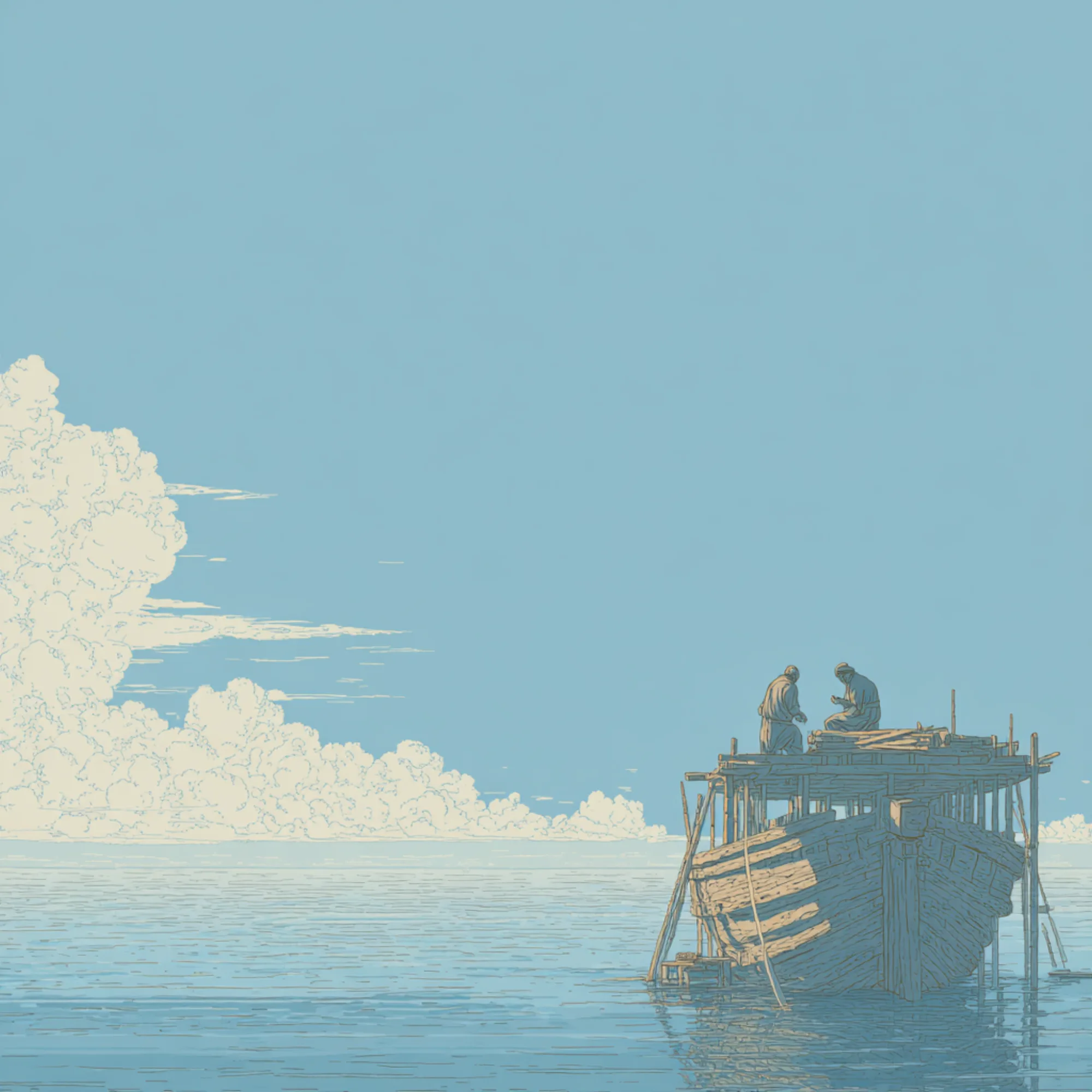 An impressionist rendering of two men building a ship at sea, the Ship of Theseus paradox that names the book